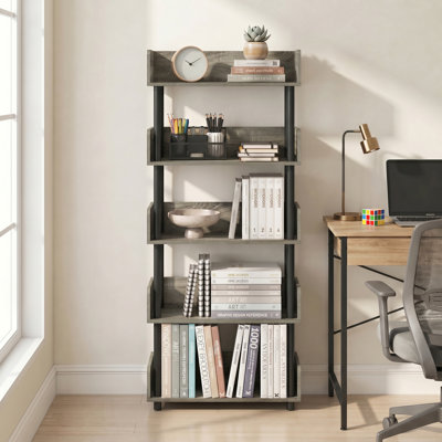  Étagère à livres, bibliothèque à 5 niveaux, bibliothèques, tablettes de rangement avec rebords d'angle arrondis, 9,2 x 23,6 x 52,6, pour l'organisation et le rangement, salon, bureau à domicile, chêne français Turn-N-Tube