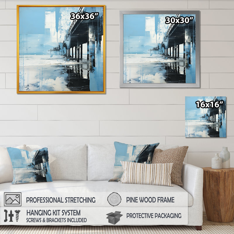 Minimalisme bleu sarcelle et jetée blanche paysage I - décoration murale nautique et plage, H 24 po x l 24 po x P 1 po