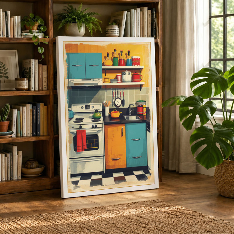 Stacked Kitchen Mid-Century 1 Piece Wrapped Canvas Wall Art, 18x12 - 45.7 x 30.5 cm, Teal Border