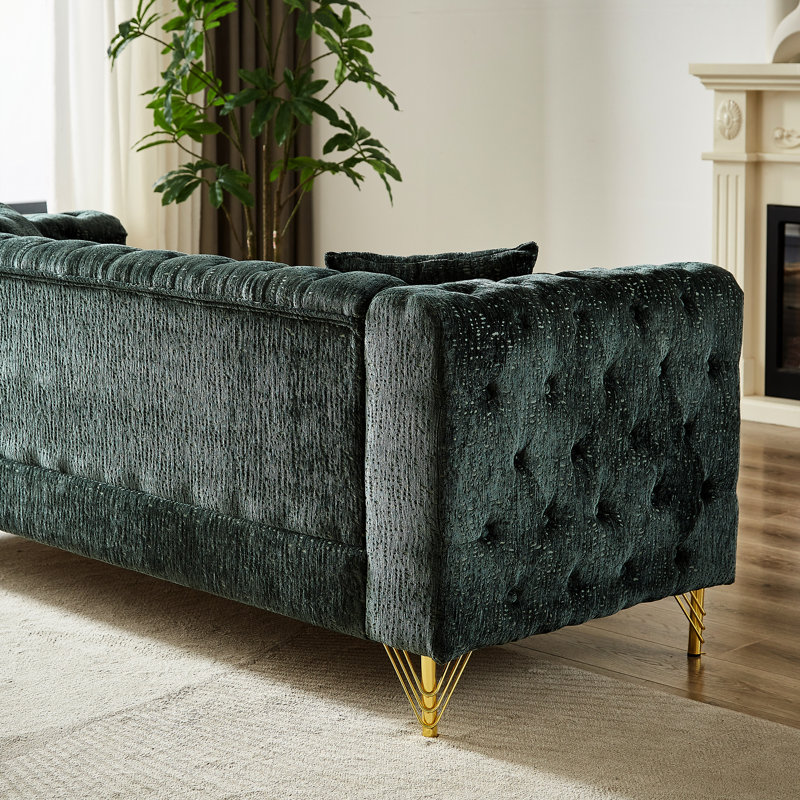 Chenille de 60 po pour salon, conception avec boucle à tirer, boutons, accoudoirs décoratifs cloutés en cuivre, canapé rembourré moderne et siège à pieds en métal, bouton avec ornement, 2