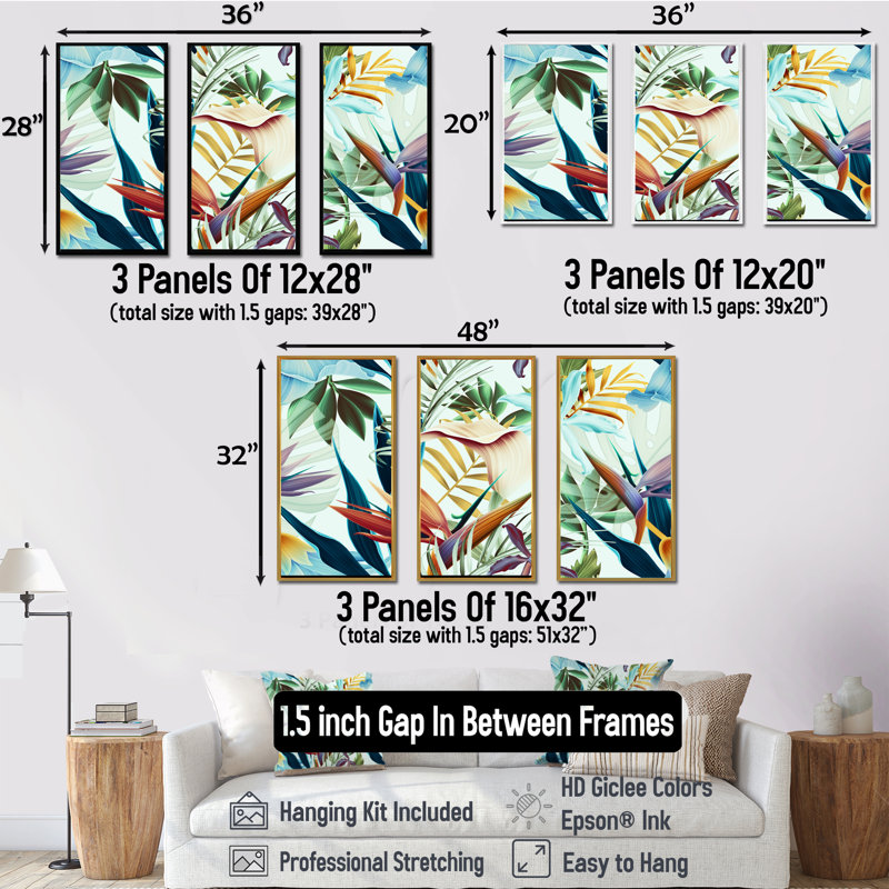 Fleurs tropicales rétro I - 3 pièces, peinture sur toile, H 28 po x l 36 po, Érable