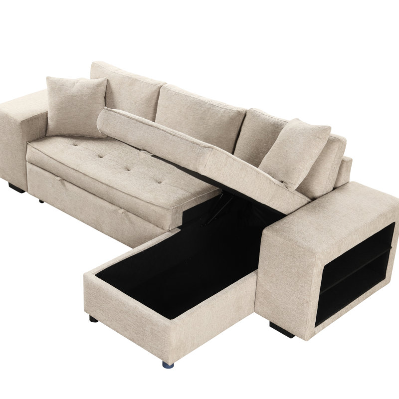 Canapé modulaire moderne en L à 3 places avec canapé-lit et chaise de rangement, 2 tabourets de couleur crème pour le salon, canapé-lit de 104,5 po, méridienne