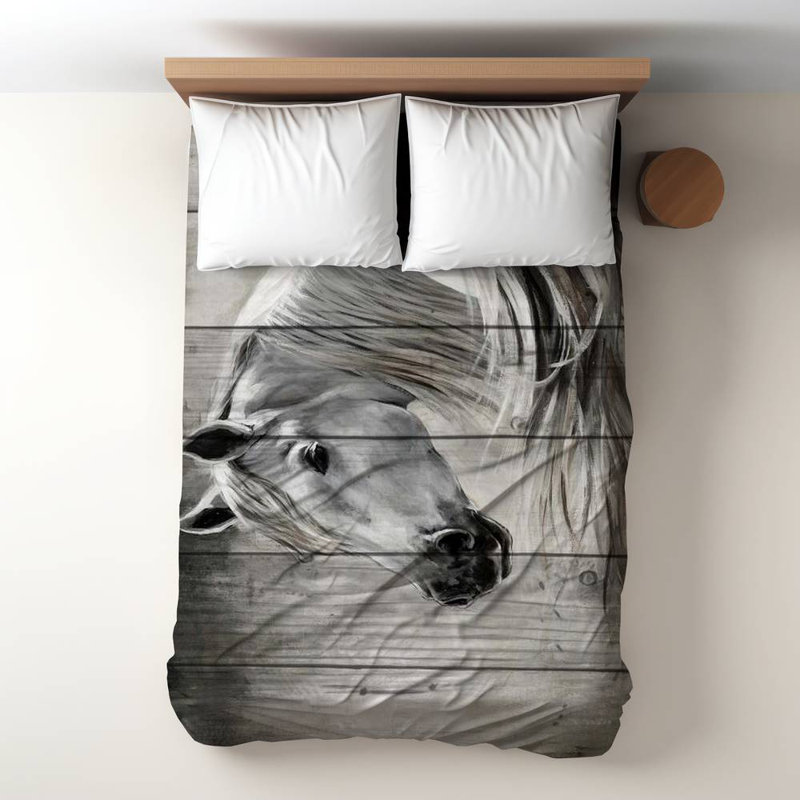 Polyester Sateen Duvet Cover, Twin Duvet, White Rustic Horse