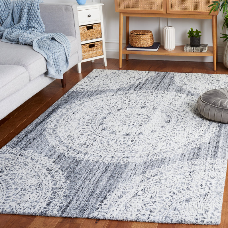 Ebony Hand Tufted Wool Cotton with Latex Floral Rug in Gray/Ivory, Rectangle 5' x 8'
