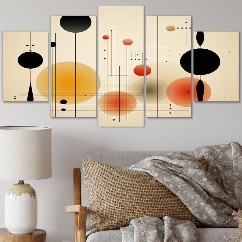 Pleine lune, minimalisme en rétro II, art mural géométrique moderne, salon, 5 panneaux