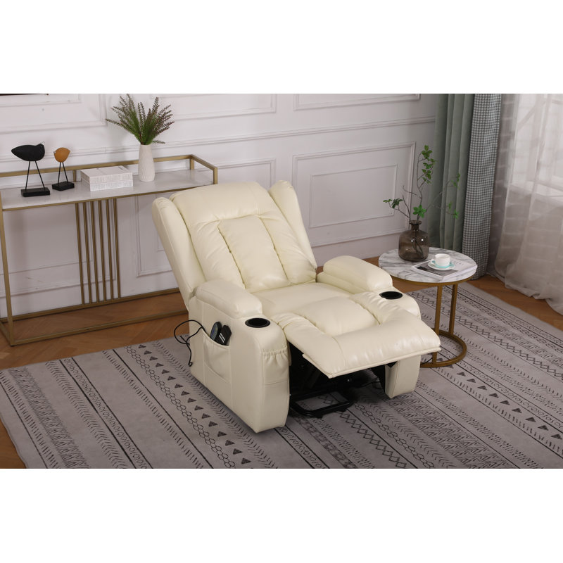 Convery Faux Leather Heated Massage Chair, Cream Leather Match