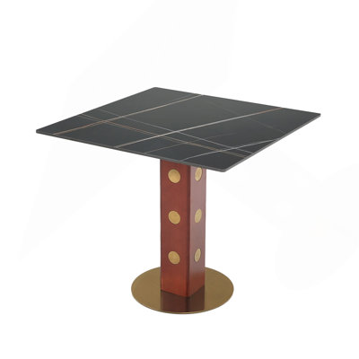 Modern Square Dining Table, 33.5" Sintered Stone Table With Wooden Leg & Gold Base, 2 - Person Kitchen Table For Small Space, 150Lbs Weight Capacity
