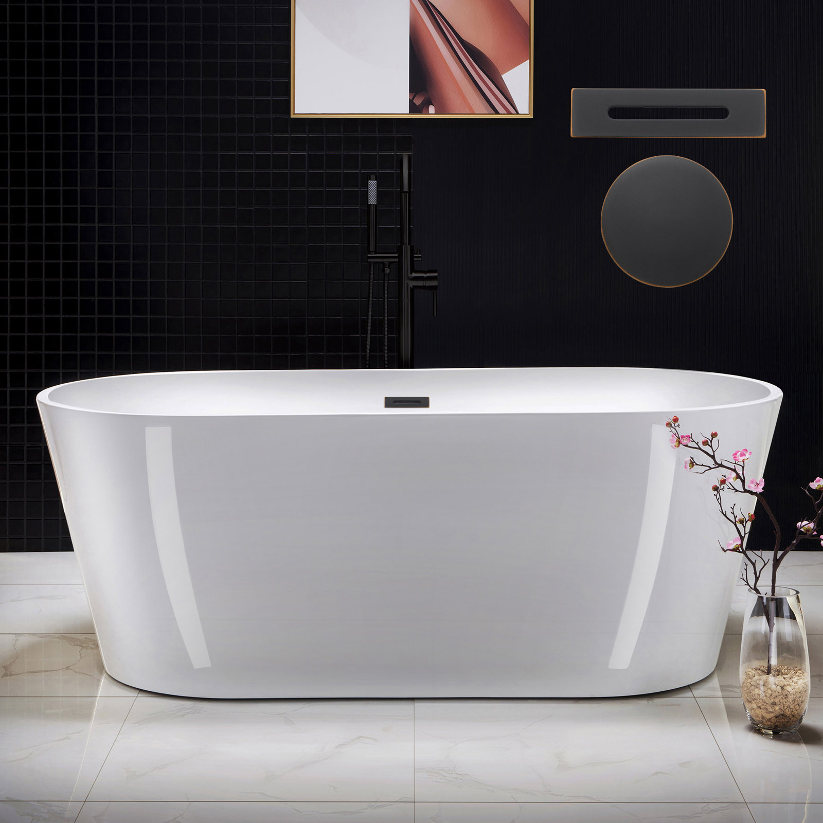 Cove 67" Freestanding Soaking Acrylic Bathtub, Oil Rubbed Bronze, White
