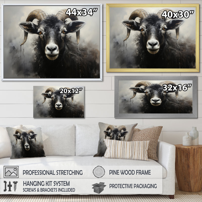 " Charcoal Sheep Beauty II ", 34" H x 44" W x 1.5" D, Black Single Picture Framed