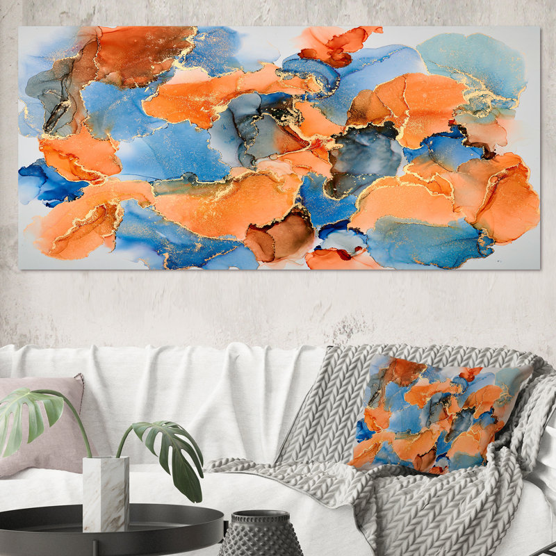 «Blue and Brown Luxury Abstract Fluid VII», peinture sur toile, Cadre photo noir, H 34 po x l 44 po x P 1,5 po