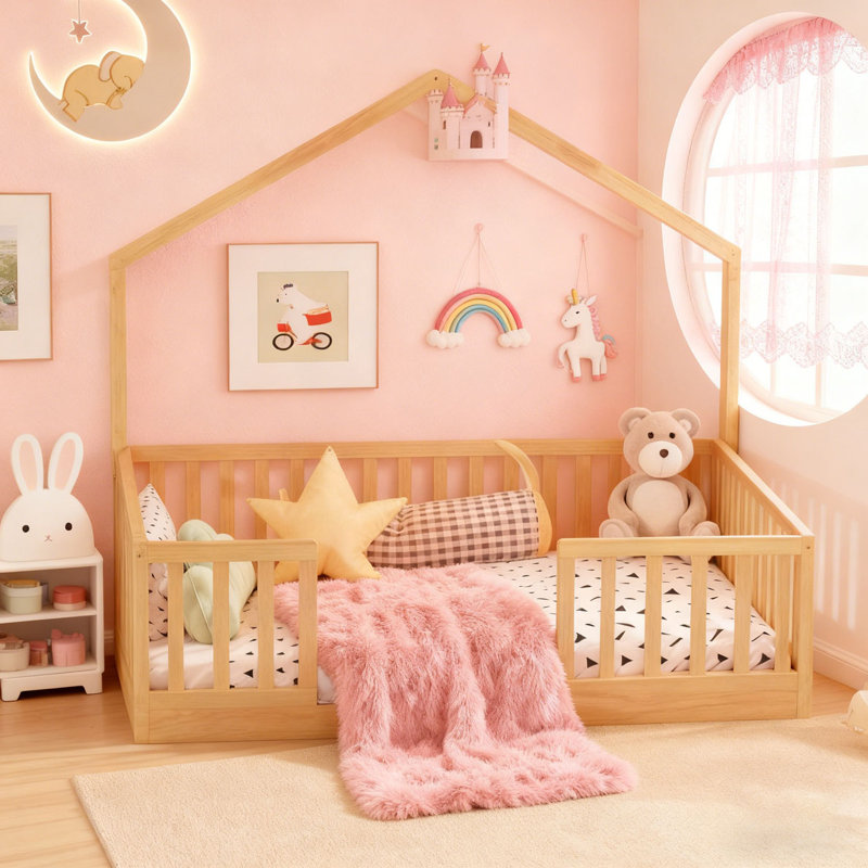 Floor Bed with High Rails, Wooden Montessori Bed with Light, Natural, Full