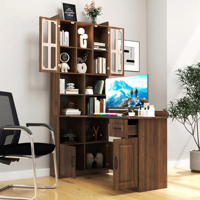 Bureau d'ordinateur d'angle en L pour bureau à domicile ou bureau d'étude, table d'étude de style moderne avec tiroirs, bibliothèque et huche, conception en L 2 en 1, grand espace de travail