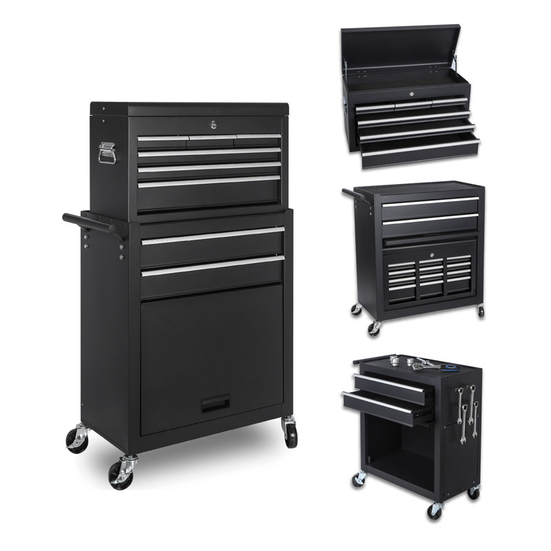 Coffre à outils, armoire de rangement à outils à 8 tiroirs avec coffre à outils amovible 2 en 1, doublure, roues verrouillables, crochets latéraux, mécanisme de verrouillage, chariot à outils en métal pour le garage