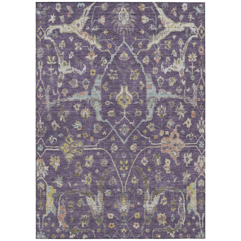 Tapis intérieur/extérieur lavable, 90 x 150 cm, beige aubergine et doré à motifs floraux.