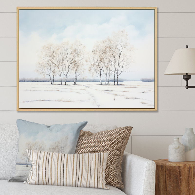 Neige, hiver, minimalisme, paysage sur toile, Cadre flottant blanc, H 16 po x l 32 po x P 1 po