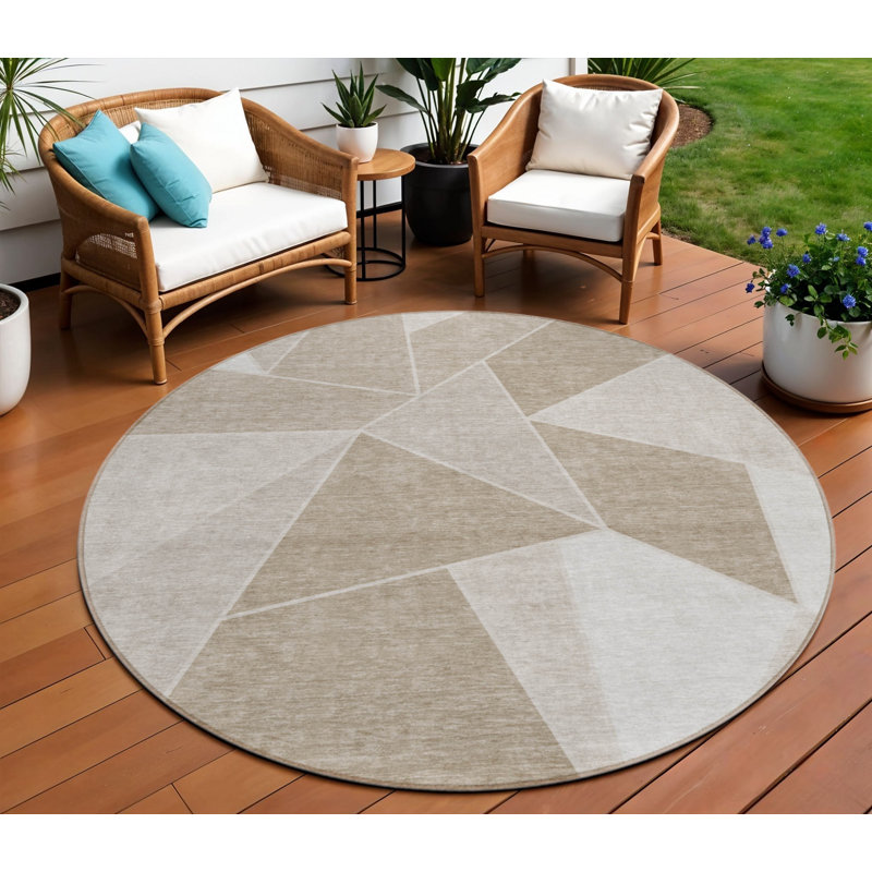 Tapis d'intérieur rond lavable géométrique brun et beige 8 'Taupe