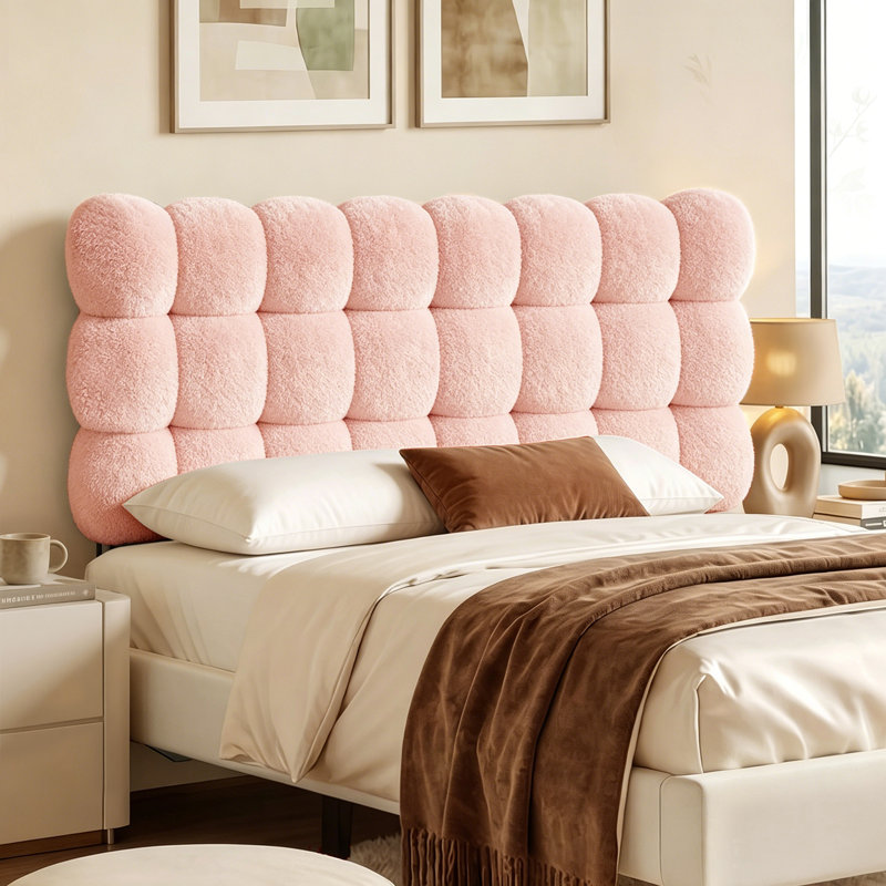 Teddy Velvet Headboard with 6 Upholstered Cushion Panels, Easy Wall-Mount Installation（Queen）, Pink