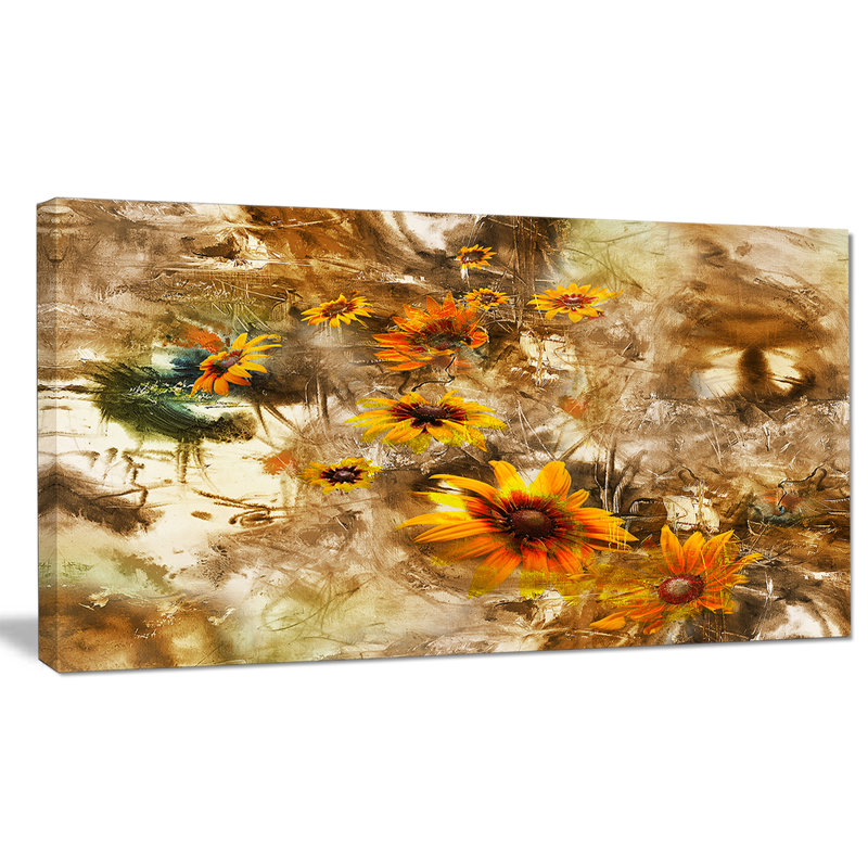Fleurs jaunes sur fond brun - impression sur toile tendue, H 8 po x l 12 po x P 1 po