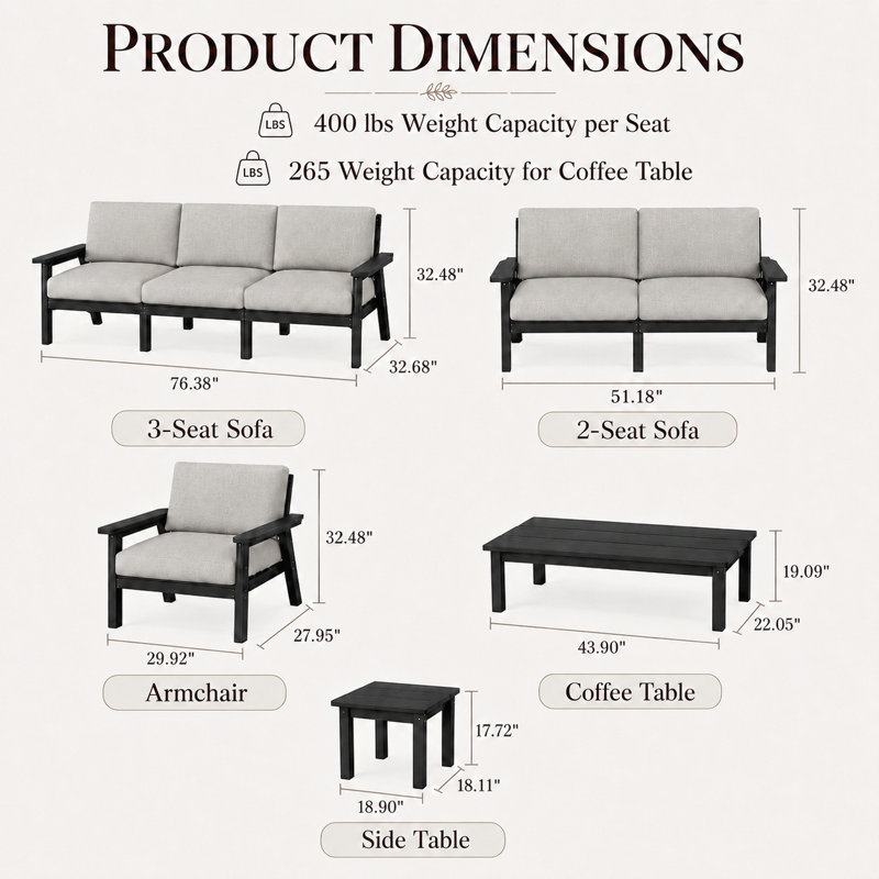 Ensemble de conversation de patio en PEHD pour 5 personnes avec coussins, ensemble de canapé de patio toutes saisons, ensemble de conversation extérieur