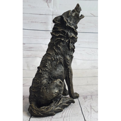 Aaltien Wolf Howling at the Moon Bronze Statue Sculpture Figurine Signed Art 11" x 12"