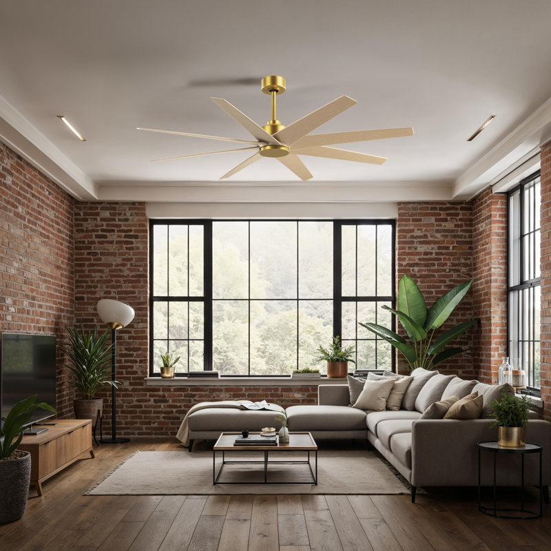 Ariella - Ventilateur de plafond à huit pales, Laiton brossé, Ton érable clair