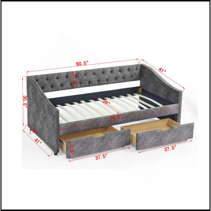 Daybed With Drawers Upholstered Tufted Sofa Bed, With Button On Back And Copper Nail On Waved Shape Arms(81.5''X4''x30.5'')