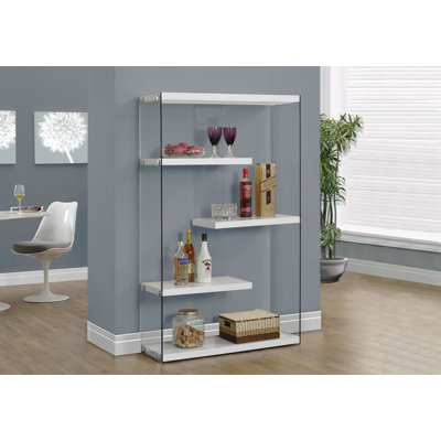 Bibliothèque, bibliothèque, étagère, 5 niveaux, H 60 po, bureau, chambre à coucher, stratifié brillant, verre trempé transparent, contemporain, moderne
