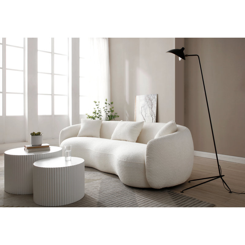 Canapé courbé Mid-Century moderne, canapé en tissu Boucle pour chambre à coucher, bureau, appartement, Blanc cassé