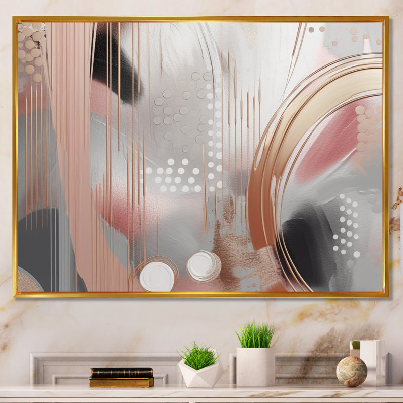 «Pink Rosegold Circle Chaos II», art moderne sur toile transitionnel, L 32 po x H 24 po, Cadre flottant doré