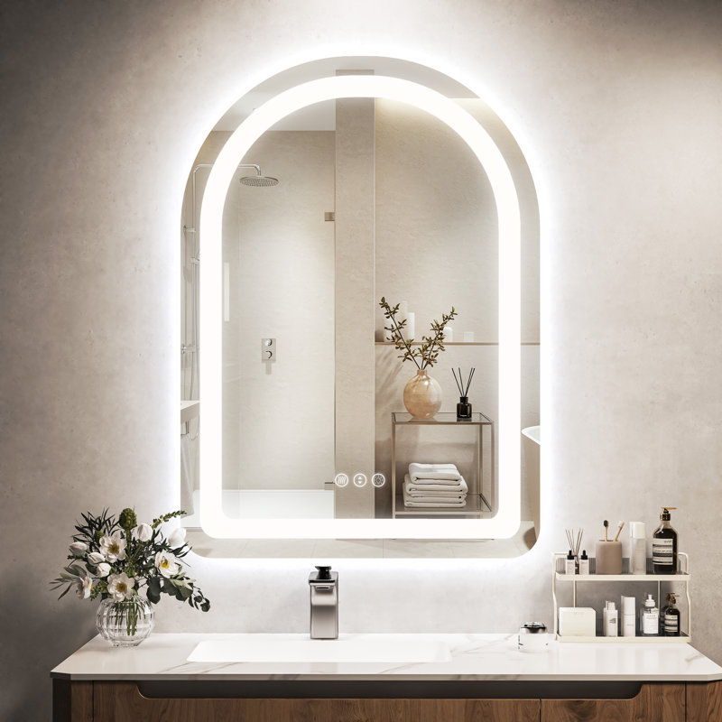 Miroir de salle de bain arqué 20 po x 28 po à DEL - homologué UL, anti-buée