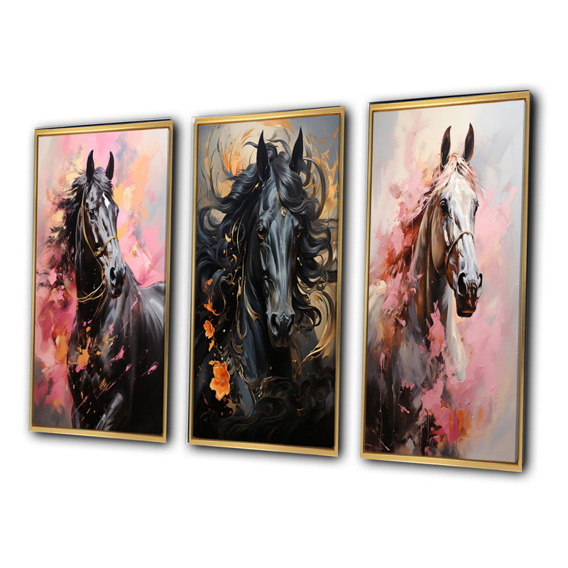 «Pink Black Horse Vibrant Pink Equine», 3 pièces sur toile, Encadrement doré, H 32 po x l 48 po