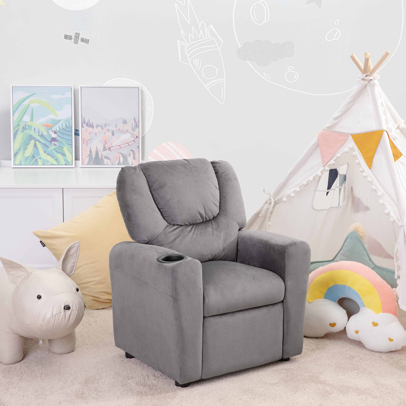 Roomy Toddler Recliner Chair with Cup Holder & Adjustable Footrest, Small Push-Back Kids' Reclining Seat for Ages 1–4, Nursery Armchair