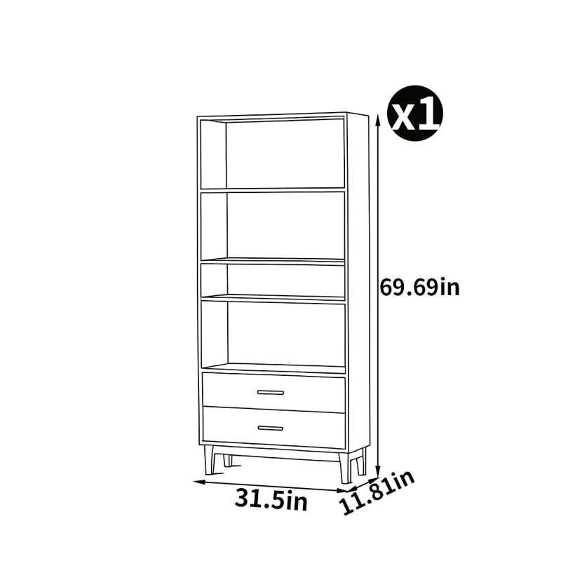 Simple modern style bookcase, 69.69" H x 31.5" W x 11.81" D