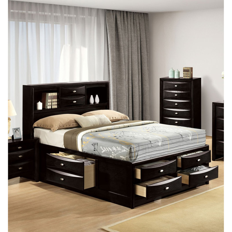 Lit de style contemporain très grand avec pieds et tiroirs avec tête de lit et bibliothèque de couleur noire, Noir, King