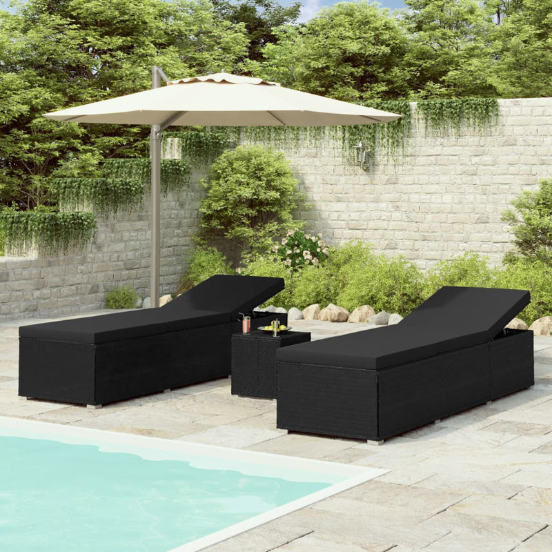 Ensemble de chaises longues de 16 po avec coussins et table, Noir, Noir