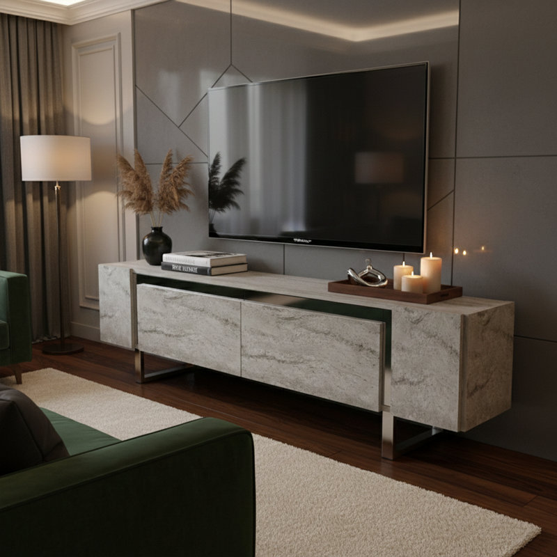 Metal Sled Base Legs Unique TV Stand For Tvs Up To 78'' With Reflective Stripe, Travertine/Silver