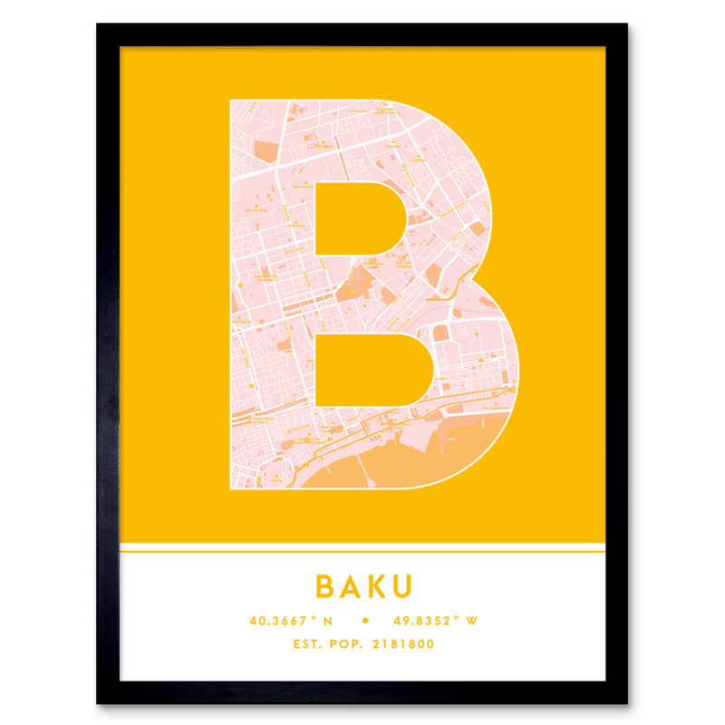 Baku City Map Baku Yellow - Single Picture Frame Typography
