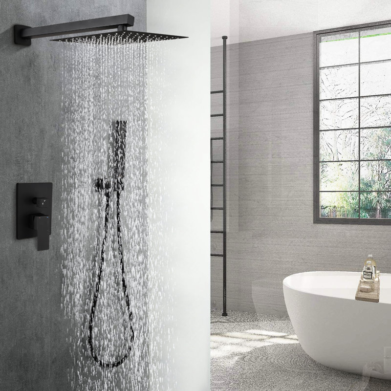 Système de douche complet en laiton noir mat de 12 pouces avec débit d'eau réglable, poignée à levier et protection contre les chocs froids et la pluie avec réglage à chaud intégré, tête facile à nettoyer,