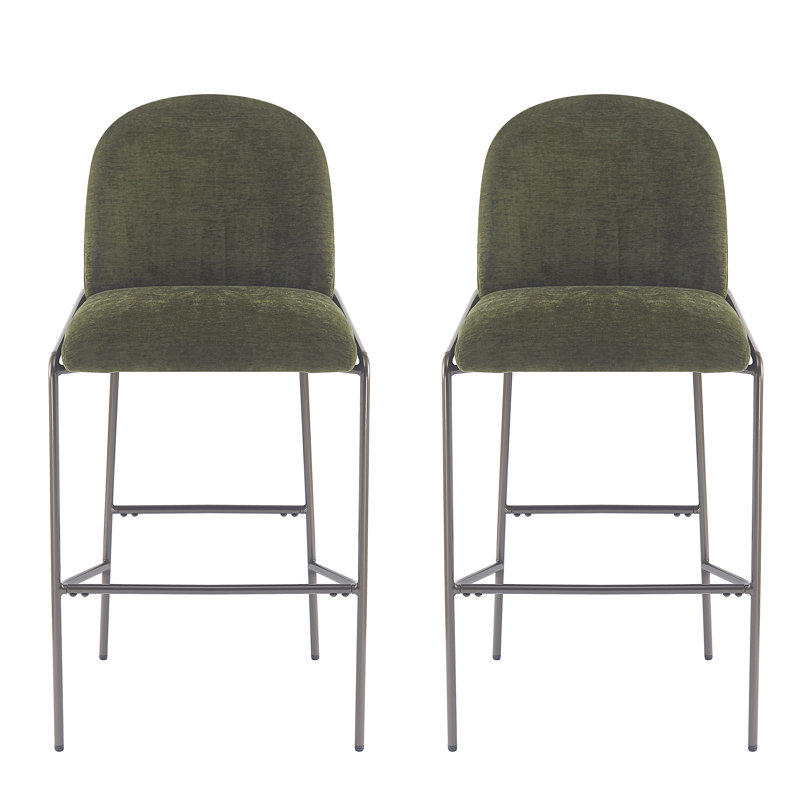  Galen Indoor Metal Upholstered Barstools with Antique Bronze Frame, Green Fabric Set of 2, Green