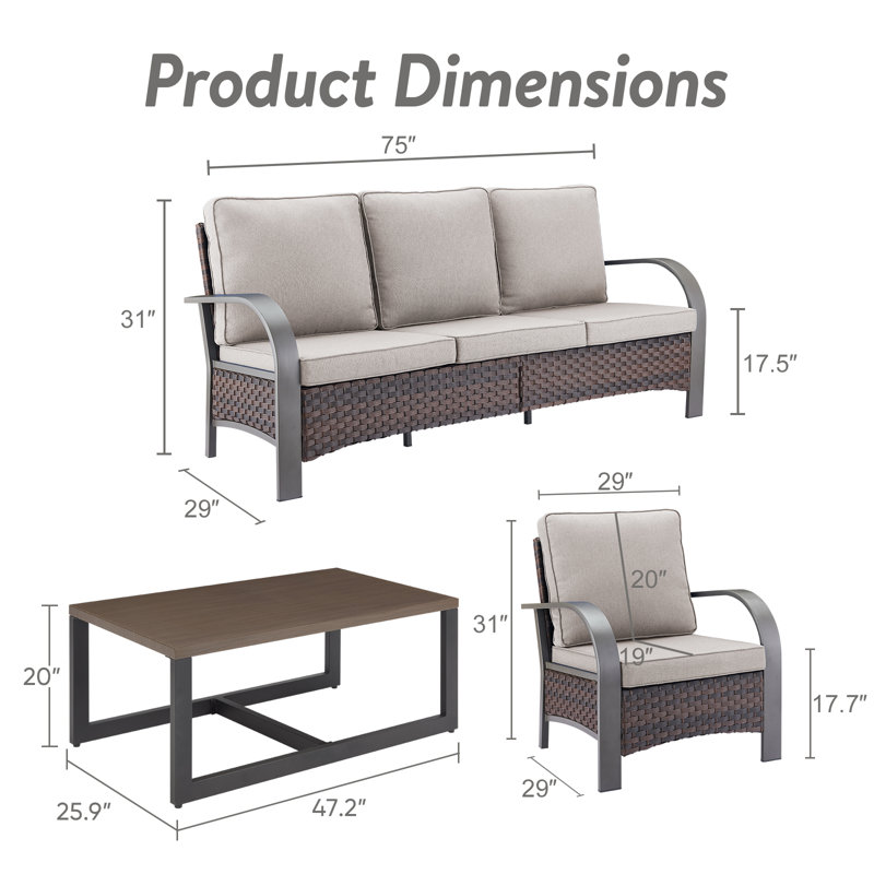 Bobra Outdoor Courtyard Handmade Rattan Conversation Set With Coffee Table, Beige