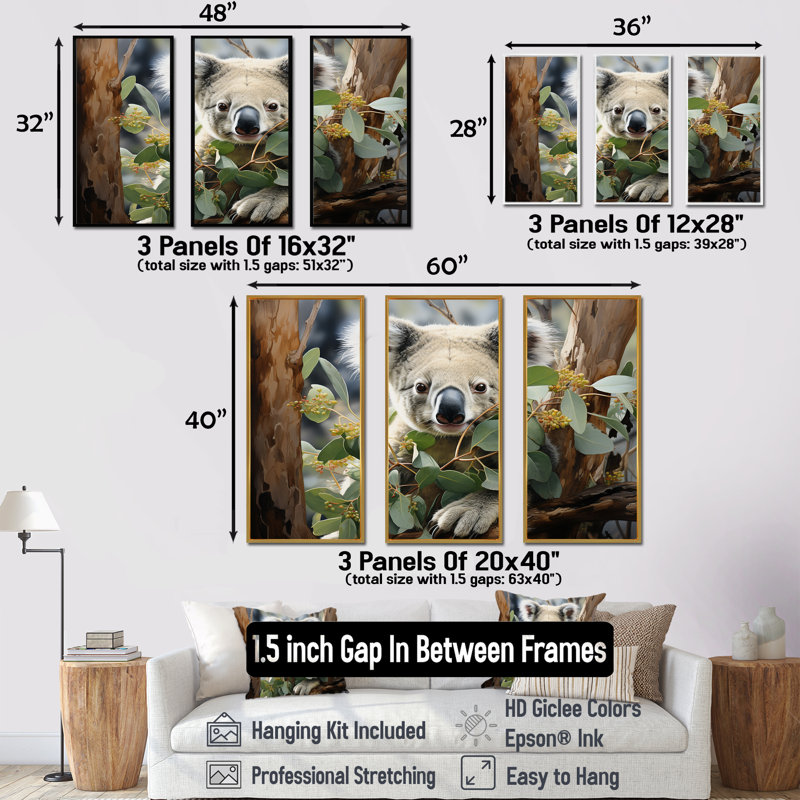 Aquarelle, arbre koala, observateur 2 - art mural koala, Cadre flottant blanc, H 28 po x l 36 po