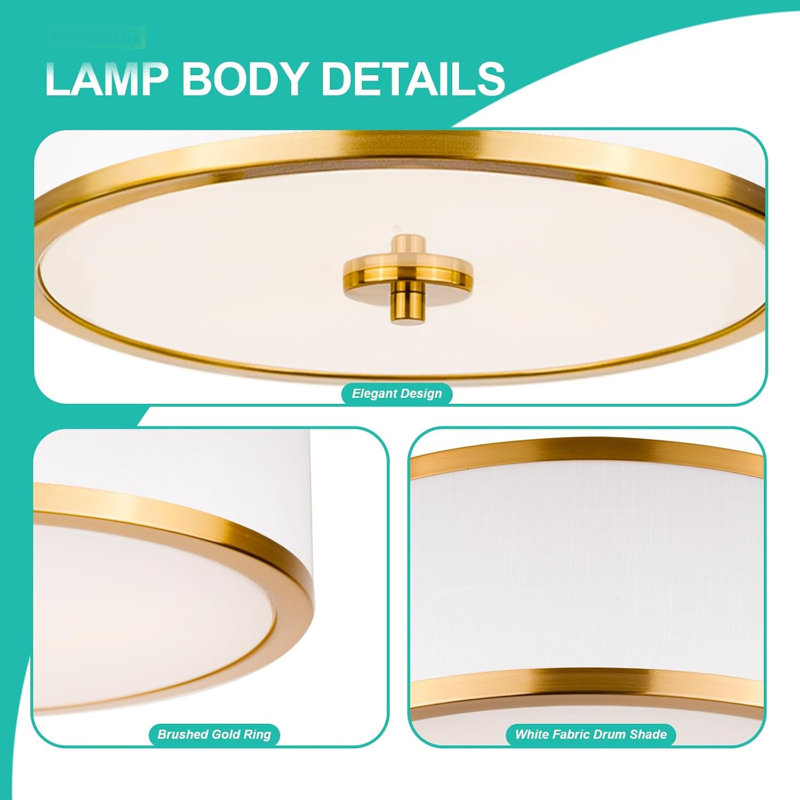 3-Light Flush Mount Ceiling Light Fixture 12.6" Drum Light With White Fabric Shade Modern Close To Ceiling Light(Brushed Gold)