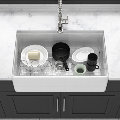 White Single Bowl Kitchen Sink, 33-Inch Ceramic, Reversible Design And Rust- Components Porcelain Ceramic 33-Inch, Daily Wear Resistance