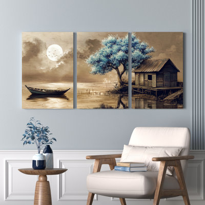 Clair de lune, scène de lac avec bateau et cabane sur toile tendue, reproduction d'art sur toile, ensemble de 3