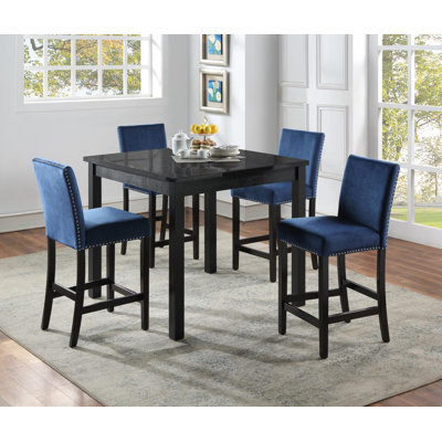Table de salle à manger en marbre noir avec 4 chaises en velours bleu