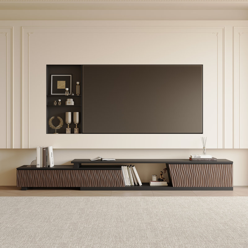 Mid-century Modern Extendable TV Stand for TVs up to 85" with Storage Drawers and Open Shelf