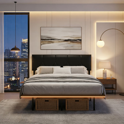 Aether Upholstered Floating Bed Frame with Charging Shelves & Lighting, Metal Platform, No Box Spring Needed
