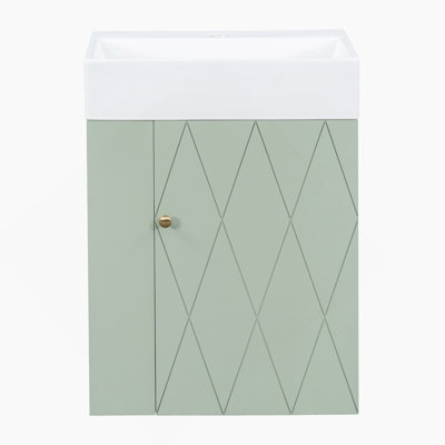 Meuble-lavabo de salle de bain avec lavabo en céramique, porte à motif de losanges, poignée dorée, tablettes latérales et barre à serviettes pour petits espaces, design moderne