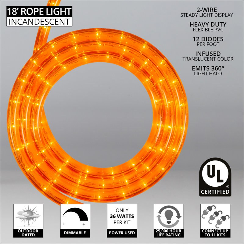 18FT 216 Light End-to-End Connectable Rope Lights, Orange