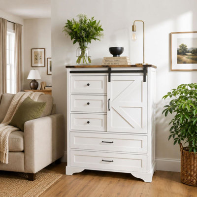 47"Farmhouse Storage Cabinet with Sliding Barn Door, 5 Drawers and Adjustable Shelf, Accent Cabinet for Living Room, Entryway, Dining Room and Bedroom